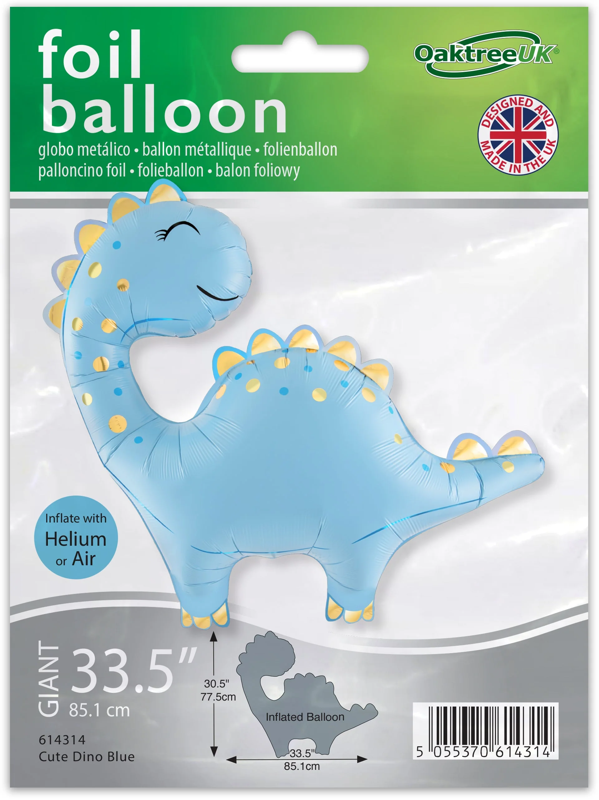 33.5" Cute Dinosaur Blue Metallic Packaged Oaktree Brand Foil Balloon - Image 2
