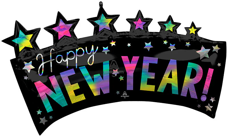 34" Holographic SuperShape Iridescent Happy New Years Star Banner Foil Balloon