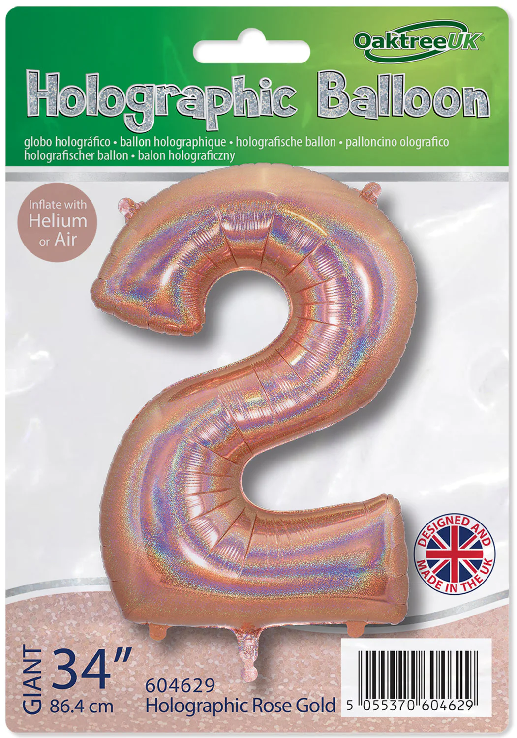 34" Number 2 Holographic Rose Gold Oaktree Foil Balloon - Image 2