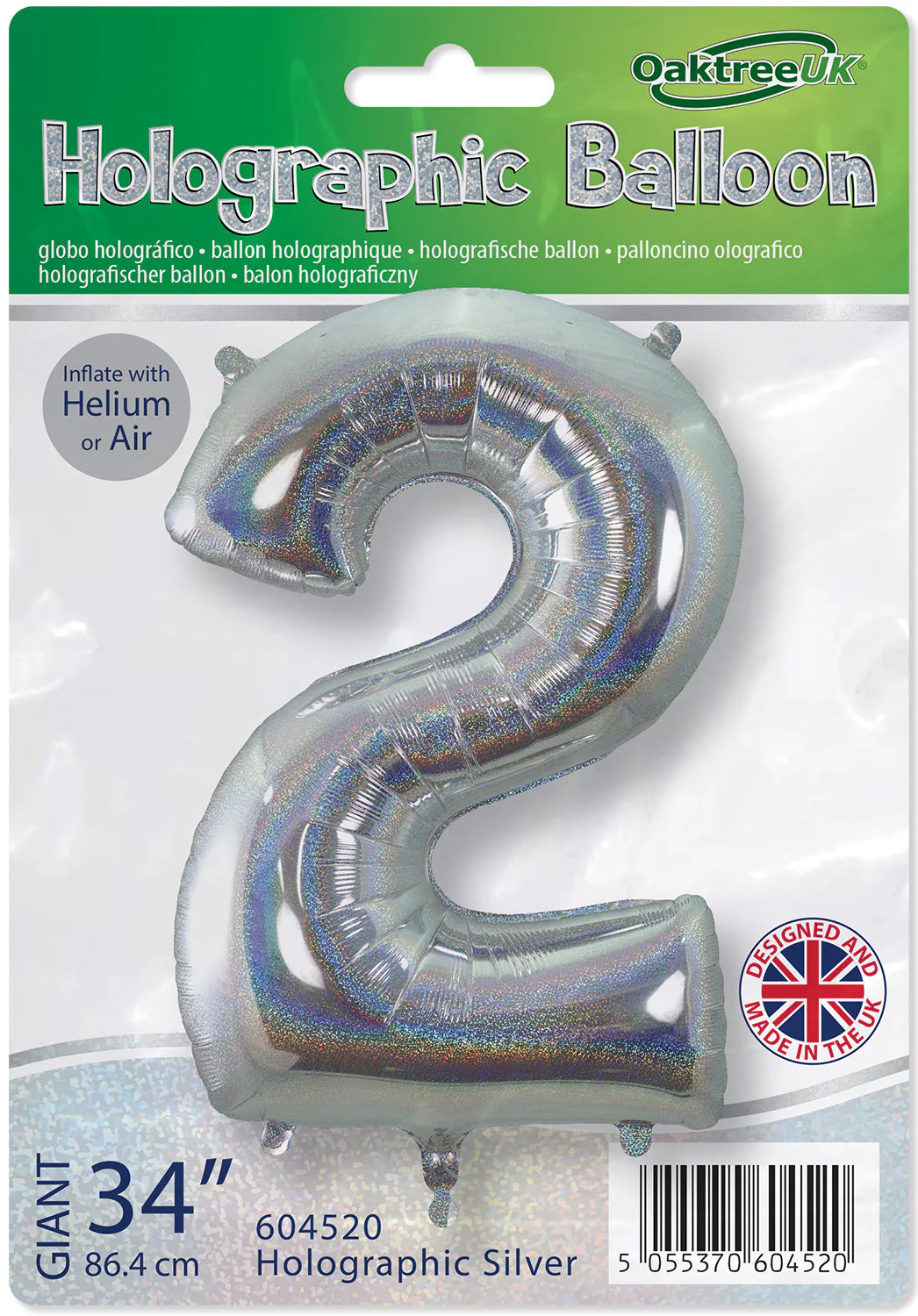 34" Number 2 Holographic Silver Oaktree Foil Balloon - Image 2