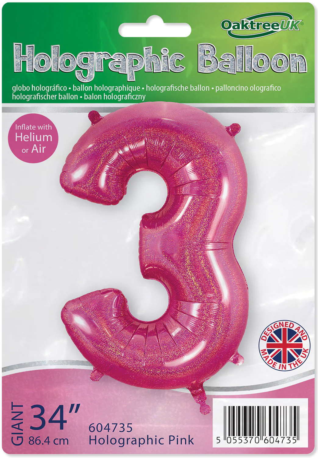 34" Number 3 Holographic Pink Oaktree Foil Balloon - Image 2