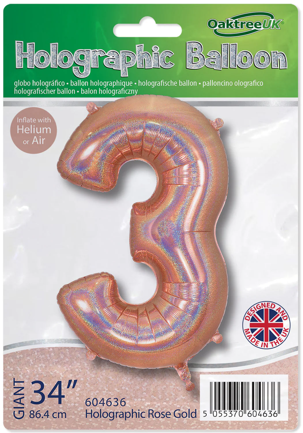 34" Number 3 Holographic Rose Gold Oaktree Foil Balloon - Image 2