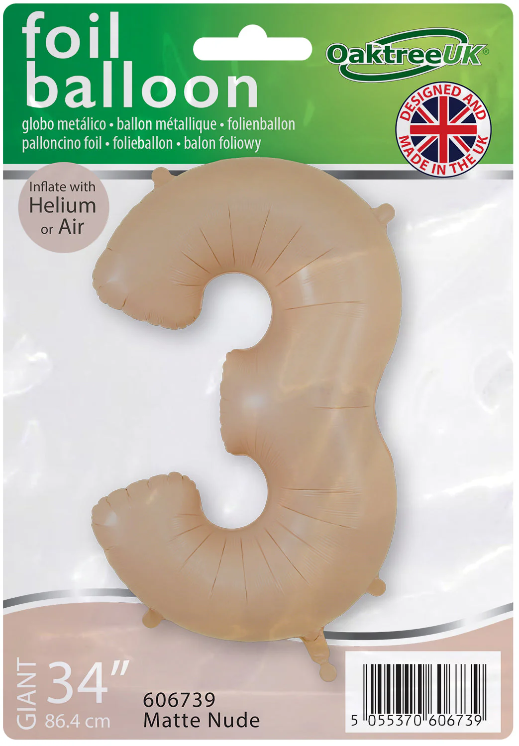 34" Number 3 Matte Nude Oaktree Foil Balloon - Image 2