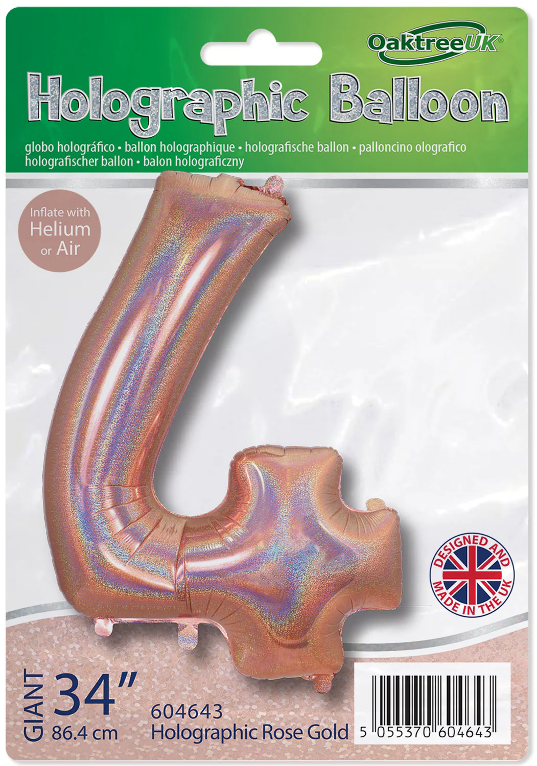 34" Number 4 Holographic Rose Gold Oaktree Foil Balloon - Image 2