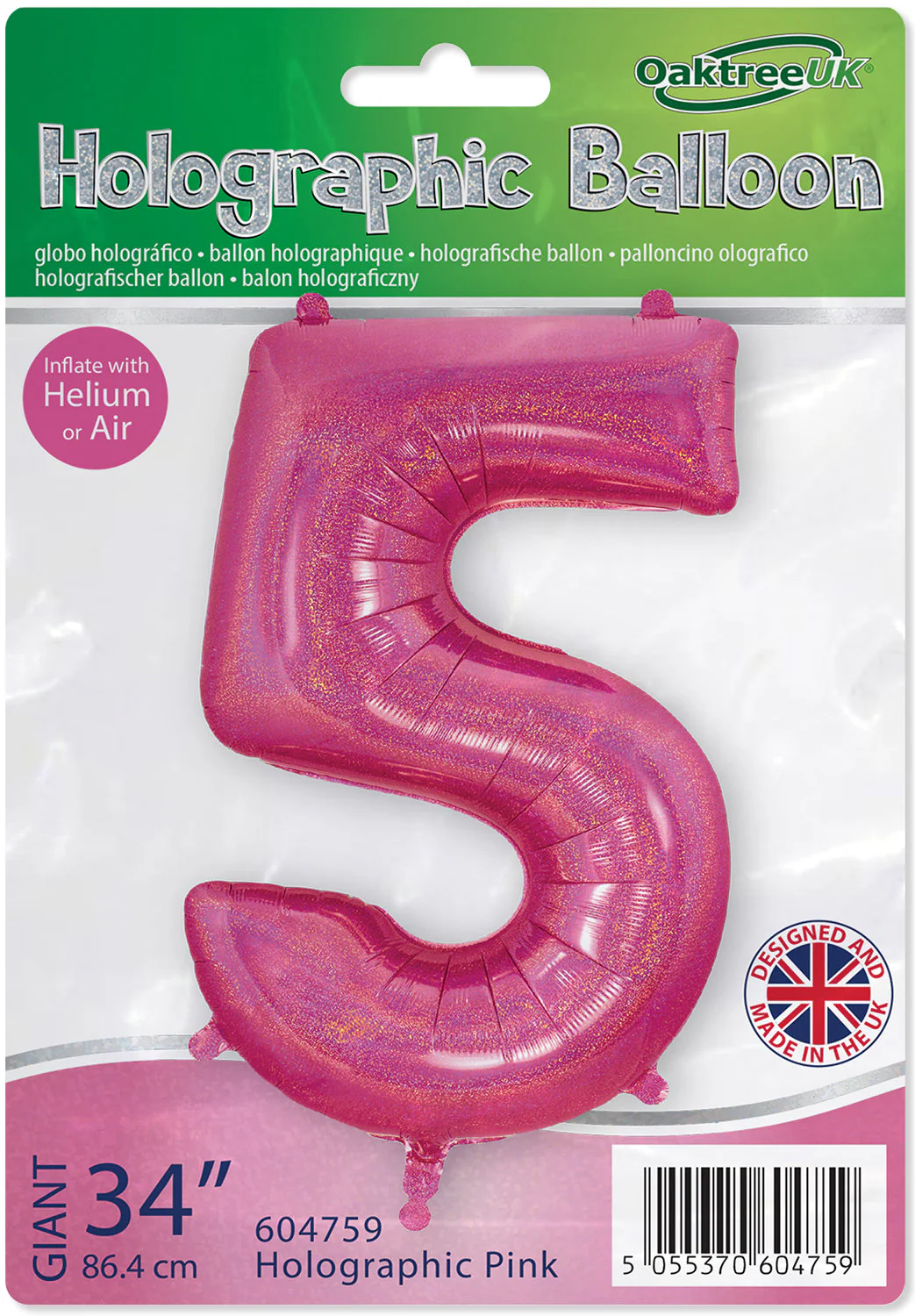 34" Number 5 Holographic Pink Oaktree Foil Balloon - Image 2
