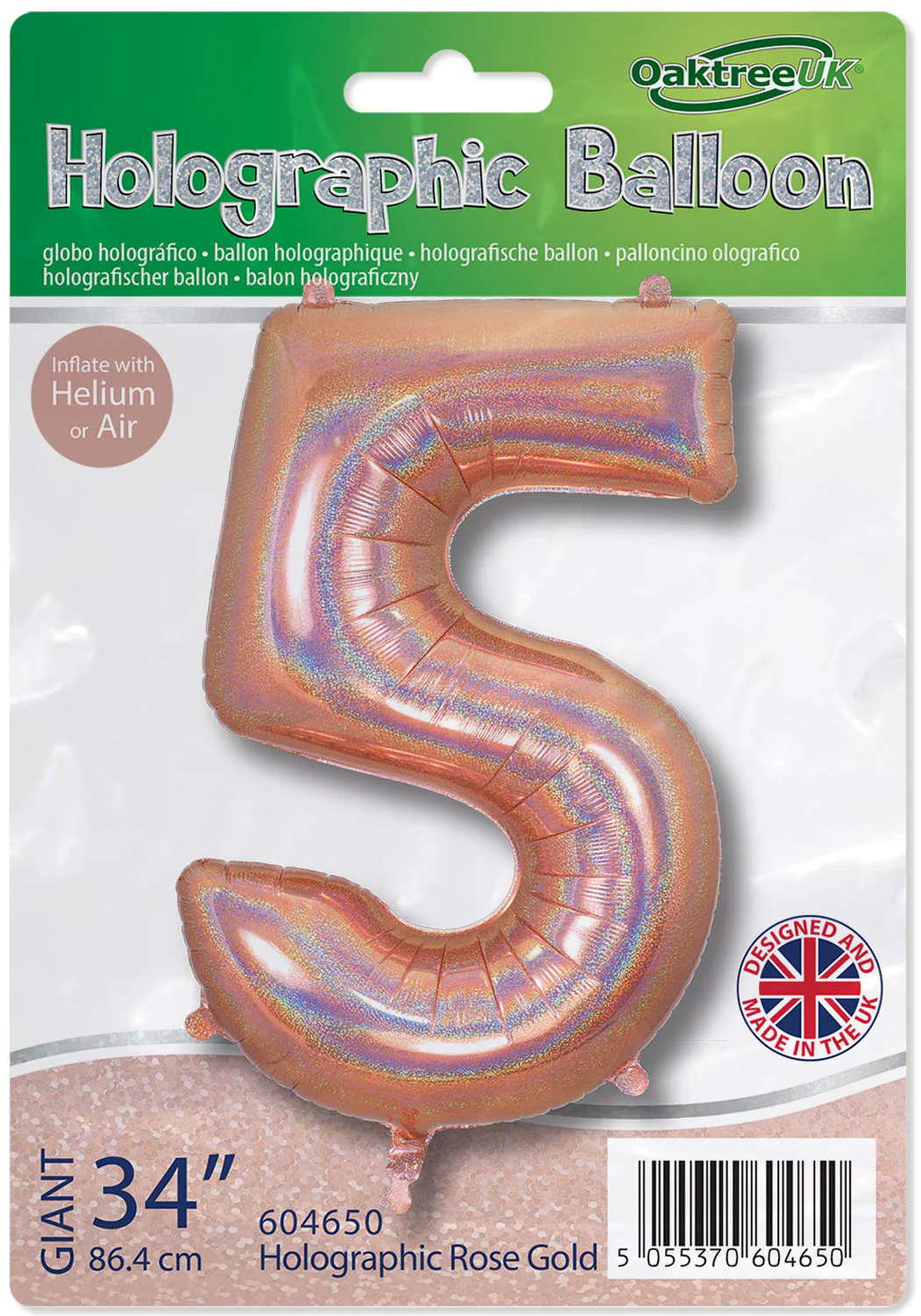 34" Number 5 Holographic Rose Gold Oaktree Foil Balloon - Image 2
