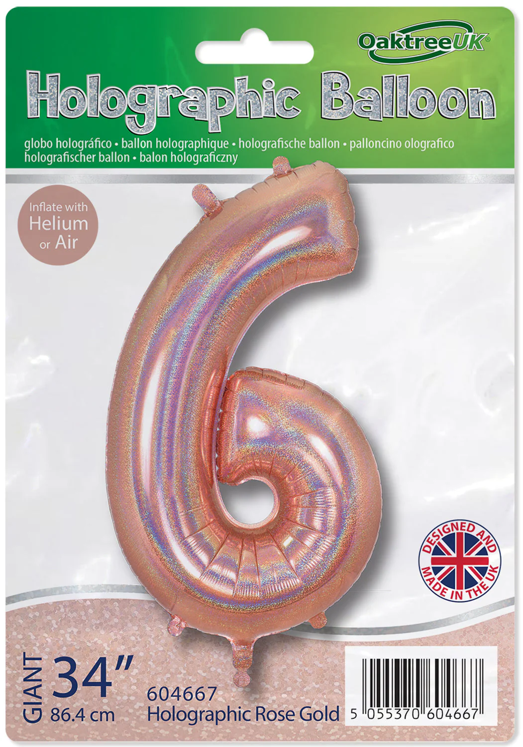 34" Number 6 Holographic Rose Gold Oaktree Foil Balloon - Image 2