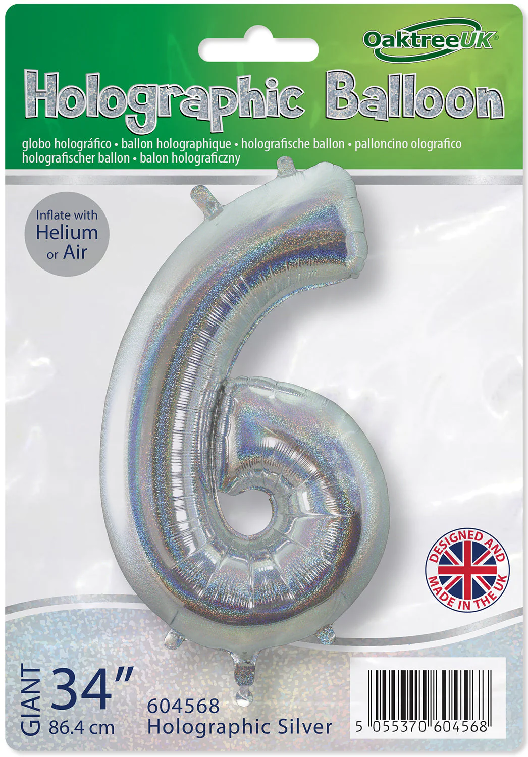 34" Number 6 Holographic Silver Oaktree Foil Balloon - Image 2