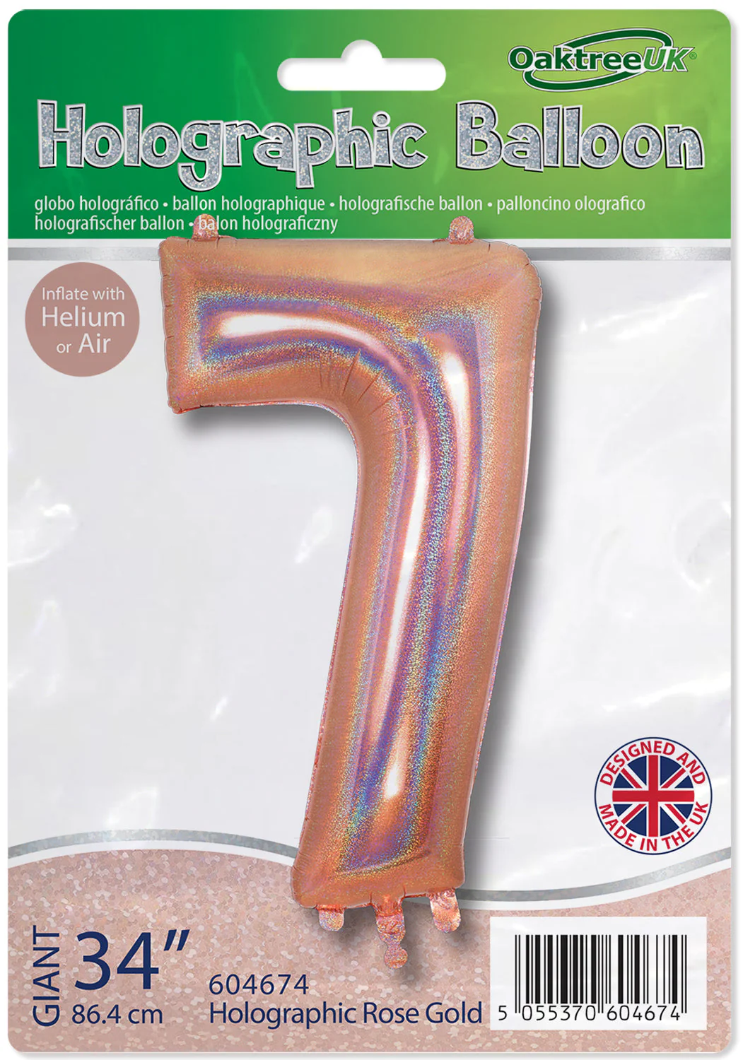34" Number 7 Holographic Rose Gold Oaktree Foil Balloon - Image 2