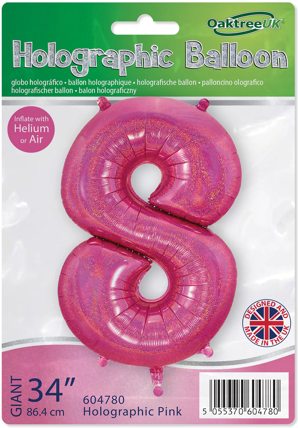 34" Number 8 Holographic Pink Oaktree Foil Balloon - Image 2