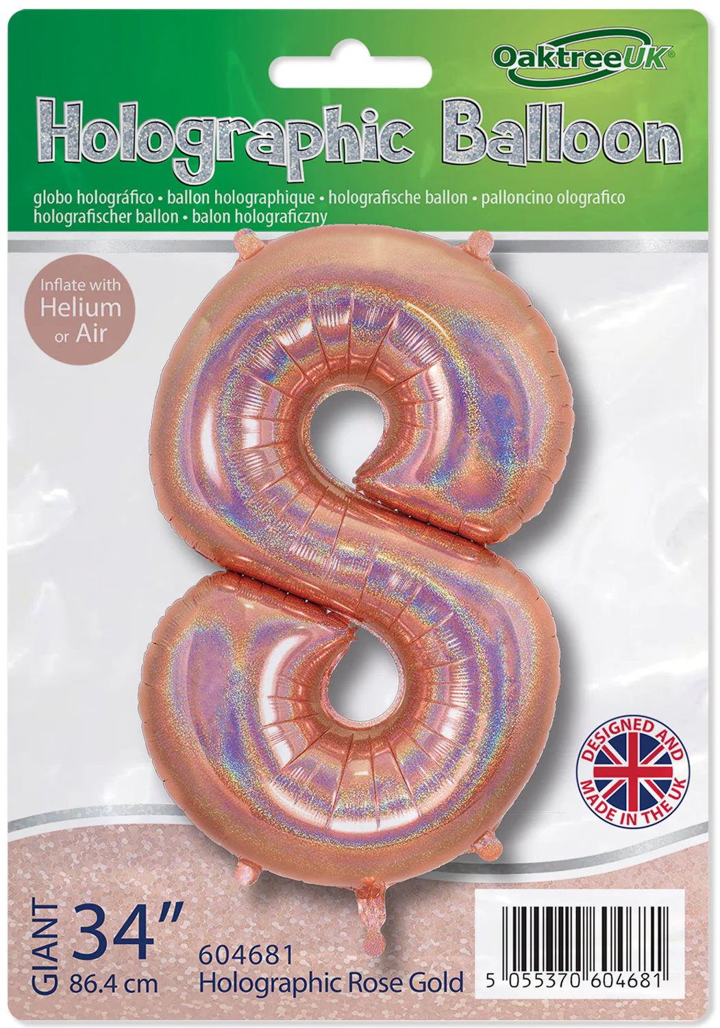 34" Number 8 Holographic Rose Gold Oaktree Foil Balloon - Image 2