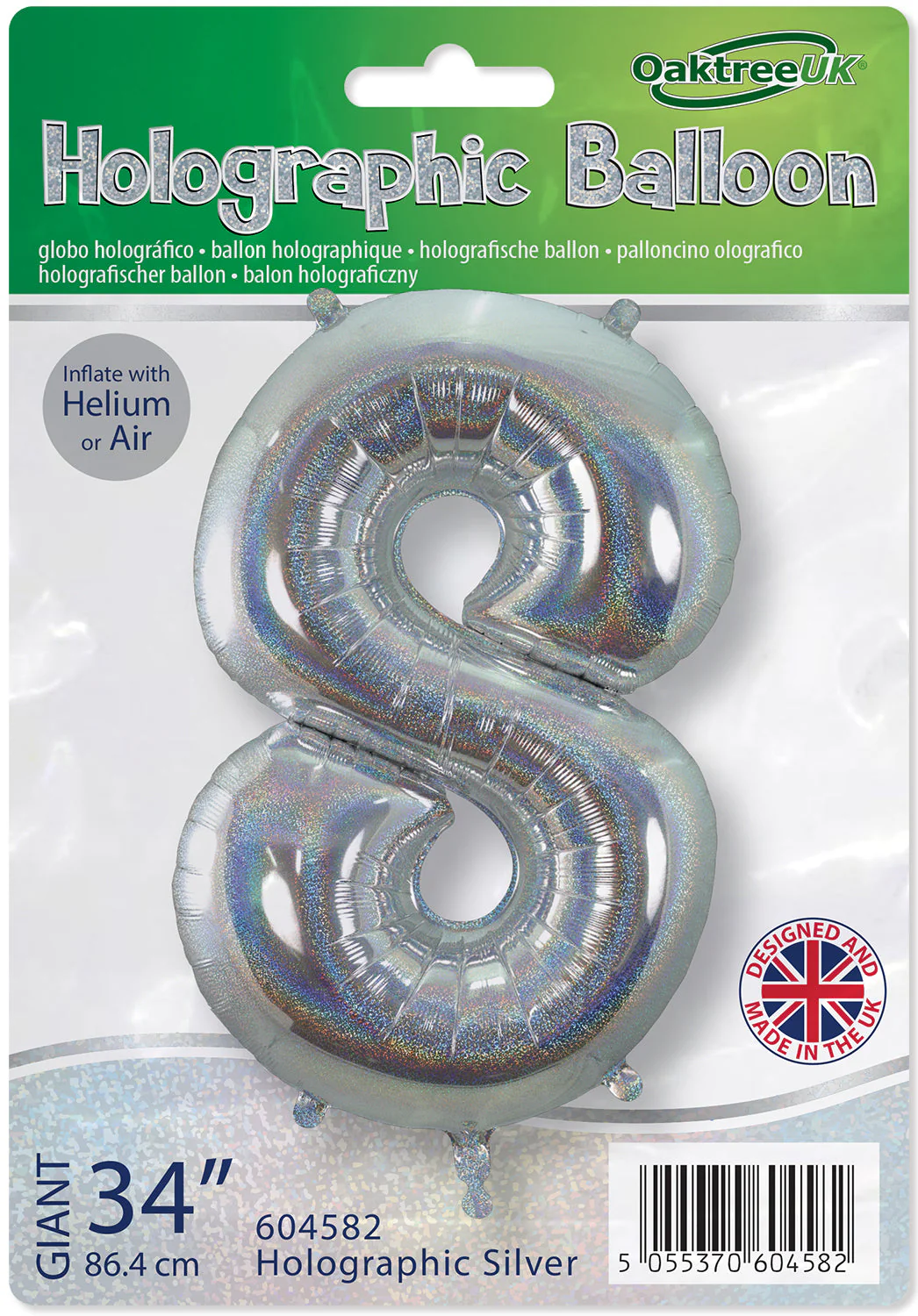 34" Number 8 Holographic Silver Oaktree Foil Balloon - Image 2