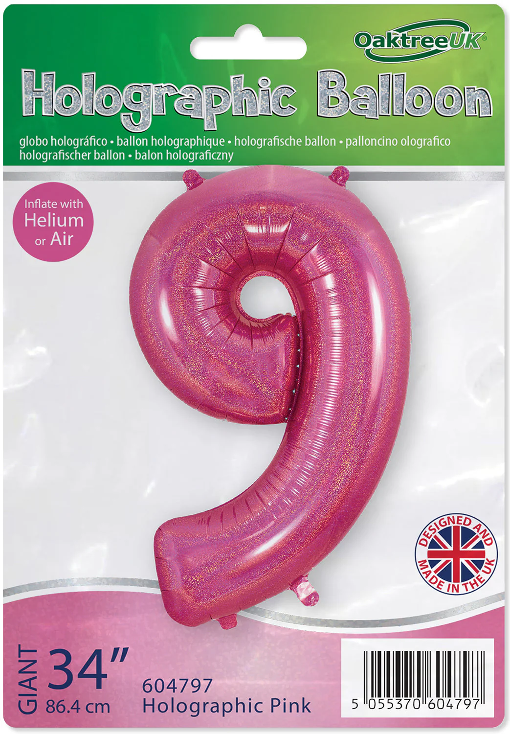 34" Number 9 Holographic Pink Oaktree Foil Balloon - Image 2