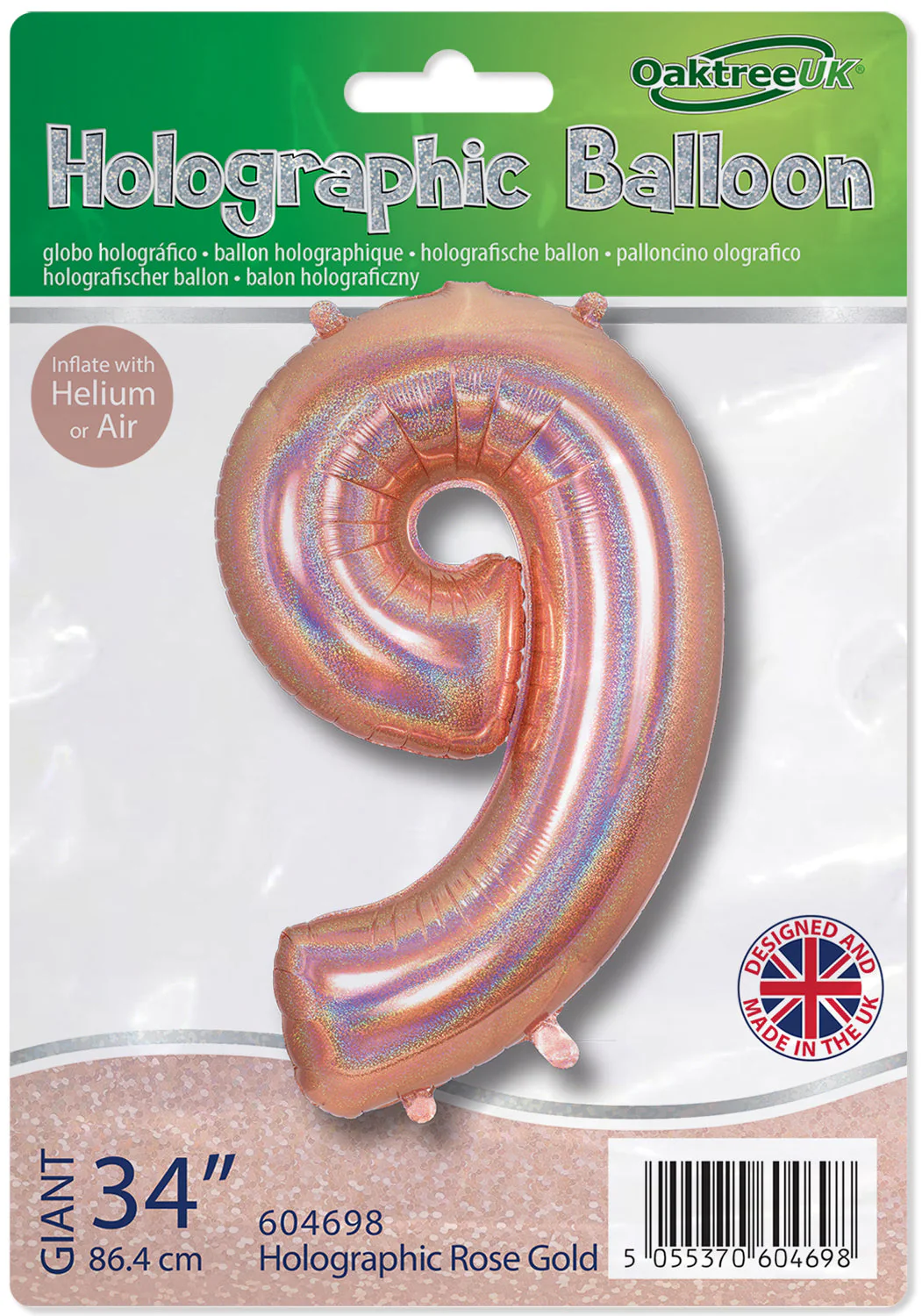 34" Number 9 Holographic Rose Gold Oaktree Foil Balloon - Image 2