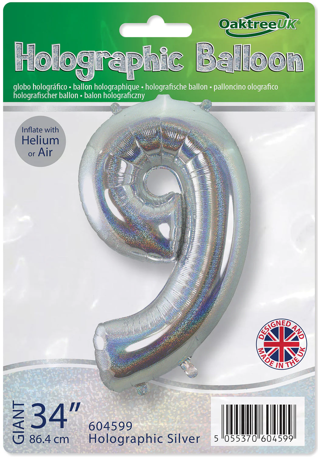 34" Number 9 Holographic Silver Oaktree Foil Balloon - Image 2