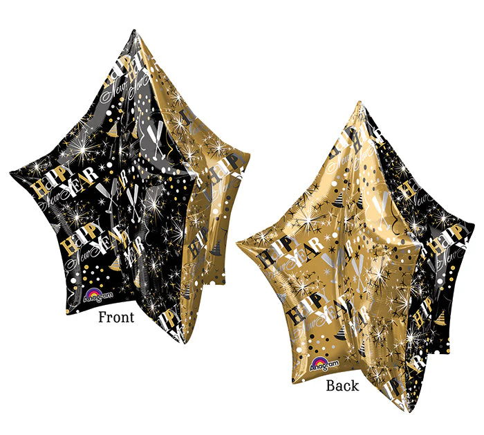 34" UltraShape New Years Gold & Black Star Packaged Balloon