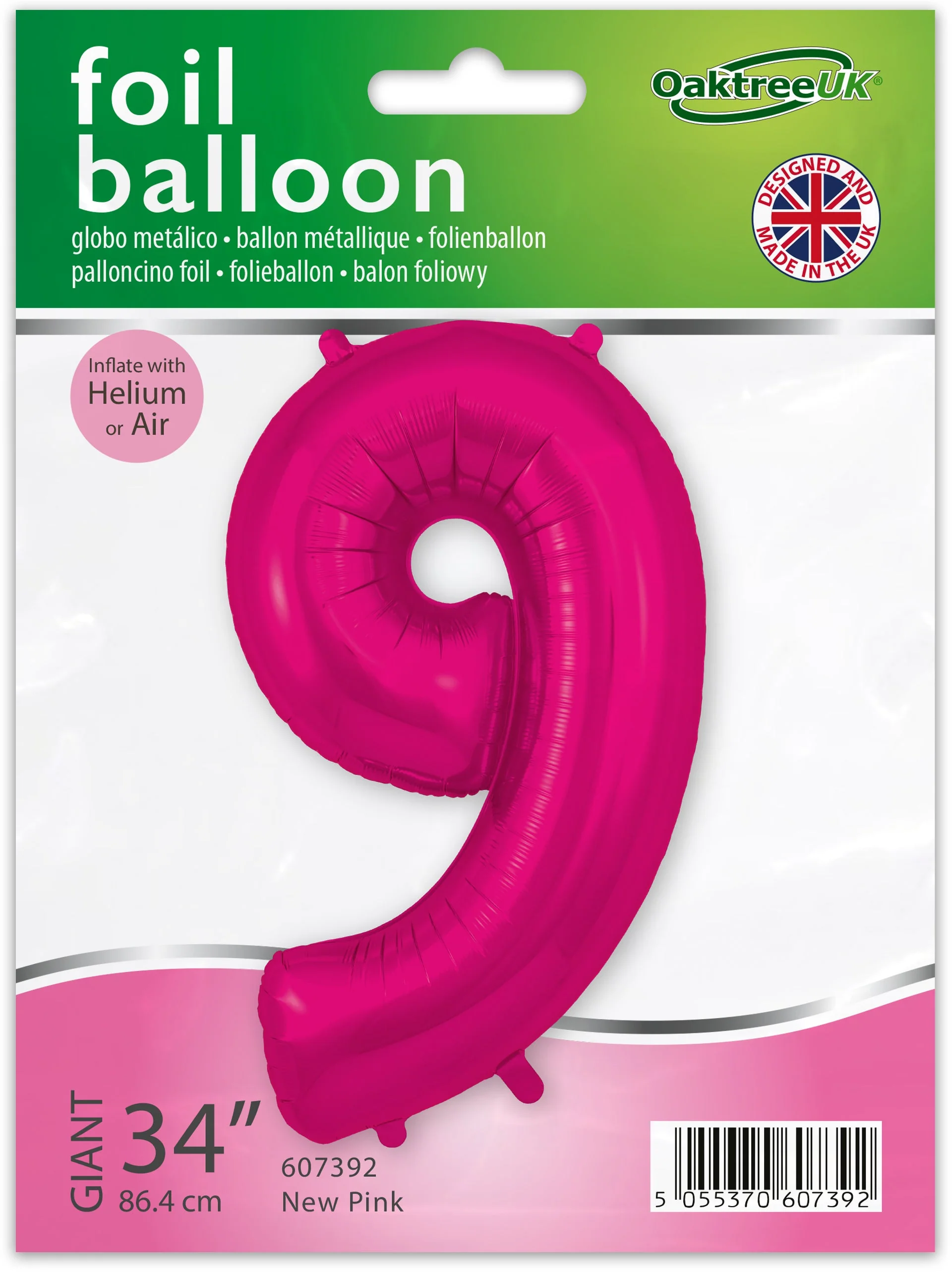 34" Number 9 New Pink Oaktree Brand Foil Balloon - Image 2