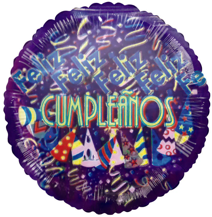 4" Airfill Only (Sticks Sold Separately) Feliz Cumpleanos Purple Hats and Streamers Balloon (Spanish)