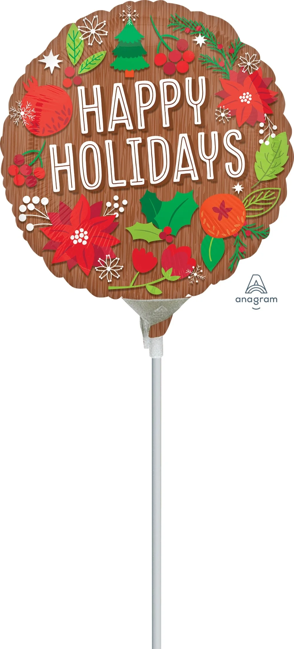 4" Airfill Only (Sticks Sold Separately) Woodgrain Happy Holidays Foil Balloon