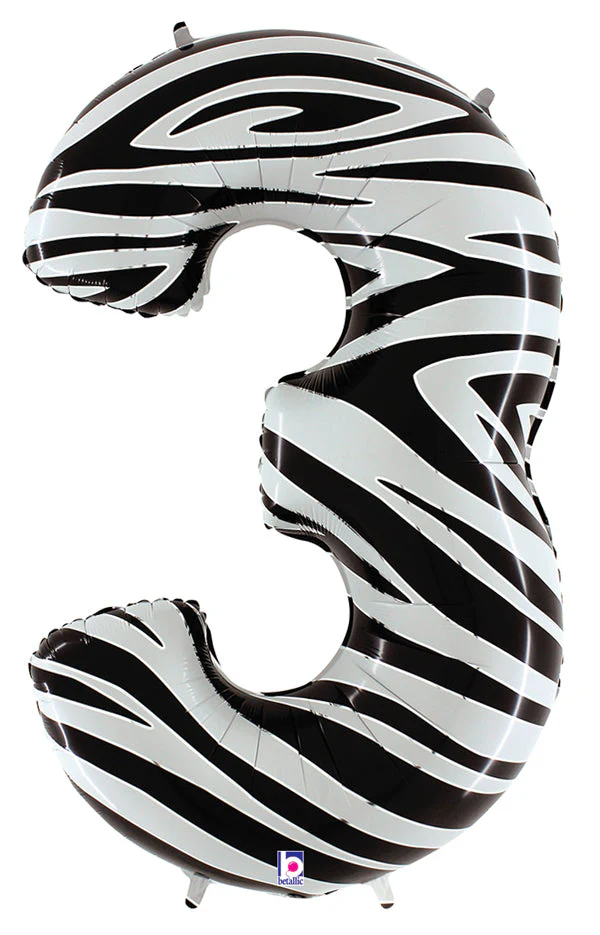 40" (34" Inflated) Zebra Foil Shape Polybagged Number 3 Balloon