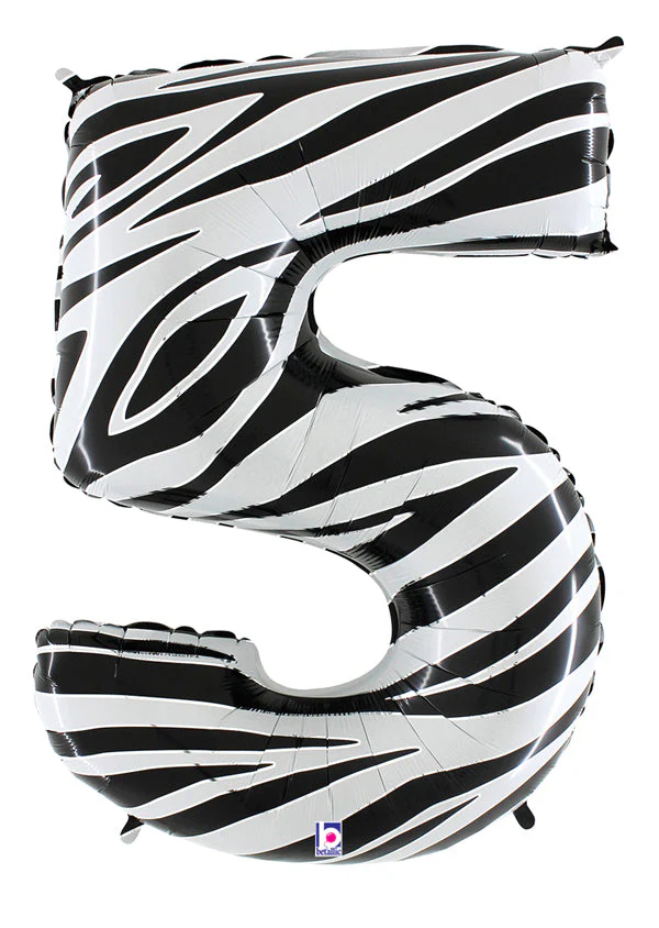 40" (34" Inflated) Zebra Foil Shape Polybagged Number 5 Balloon