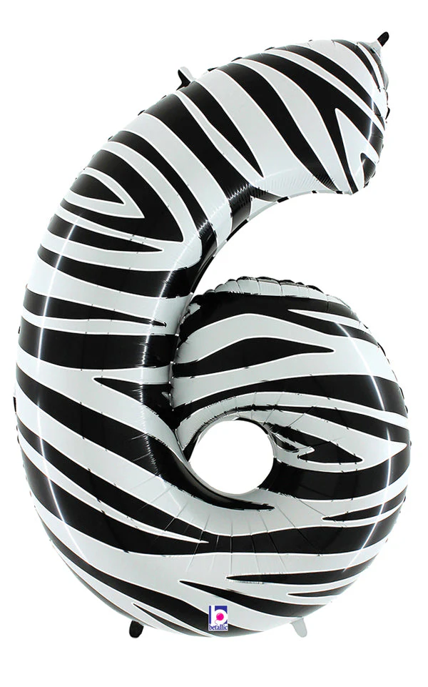 40" (34" Inflated) Zebra Foil Shape Polybagged Number 6 Balloon