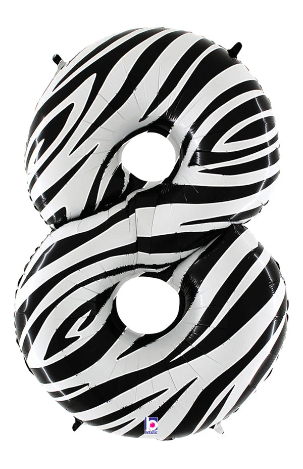 40" (34" Inflated) Zebra Foil Shape Polybagged Number 8 Balloon