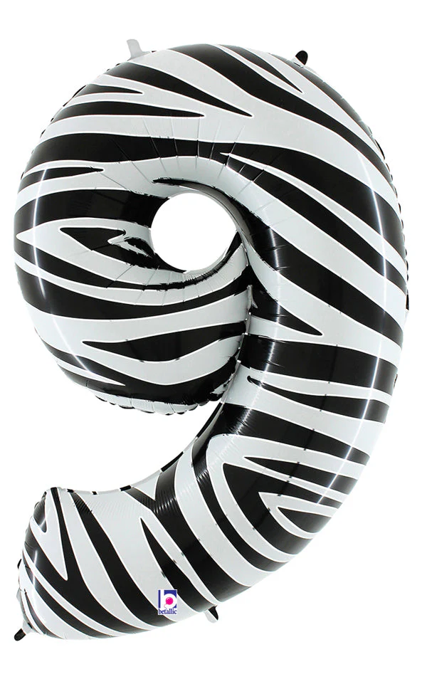 40" (34" Inflated) Zebra Foil Shape Polybagged Number 9 Balloon