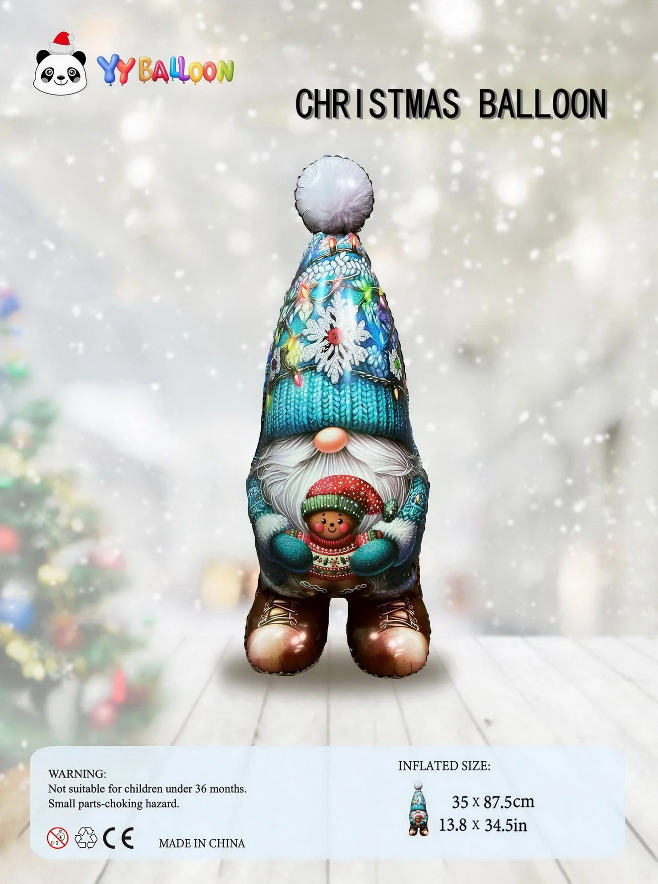 42" Standing Airfill Only Christmas Gnome Blue Foil Balloon - Image 2