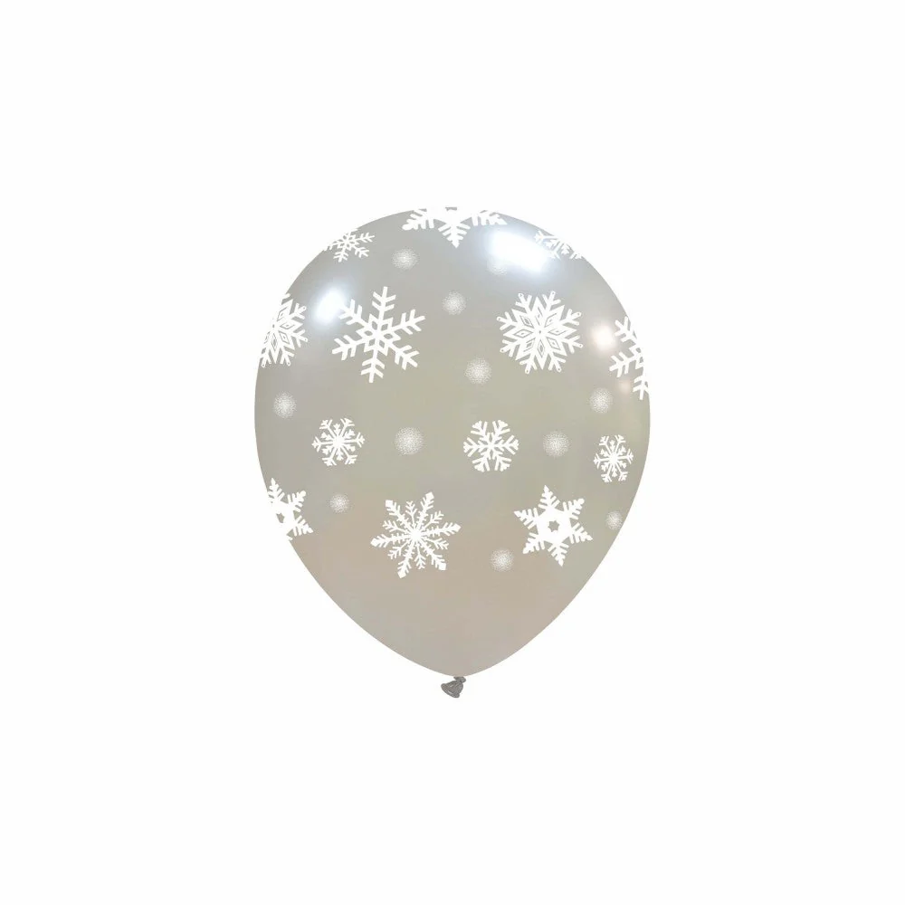 5" Icy Snowflakes Silver All Around (100 Per Bag) Cattex Brand Printed Latex Balloons