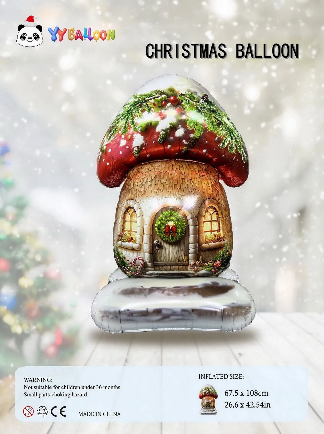 58" Standing Airfill Only Christmas Mushroom House Foil Balloon - Image 3