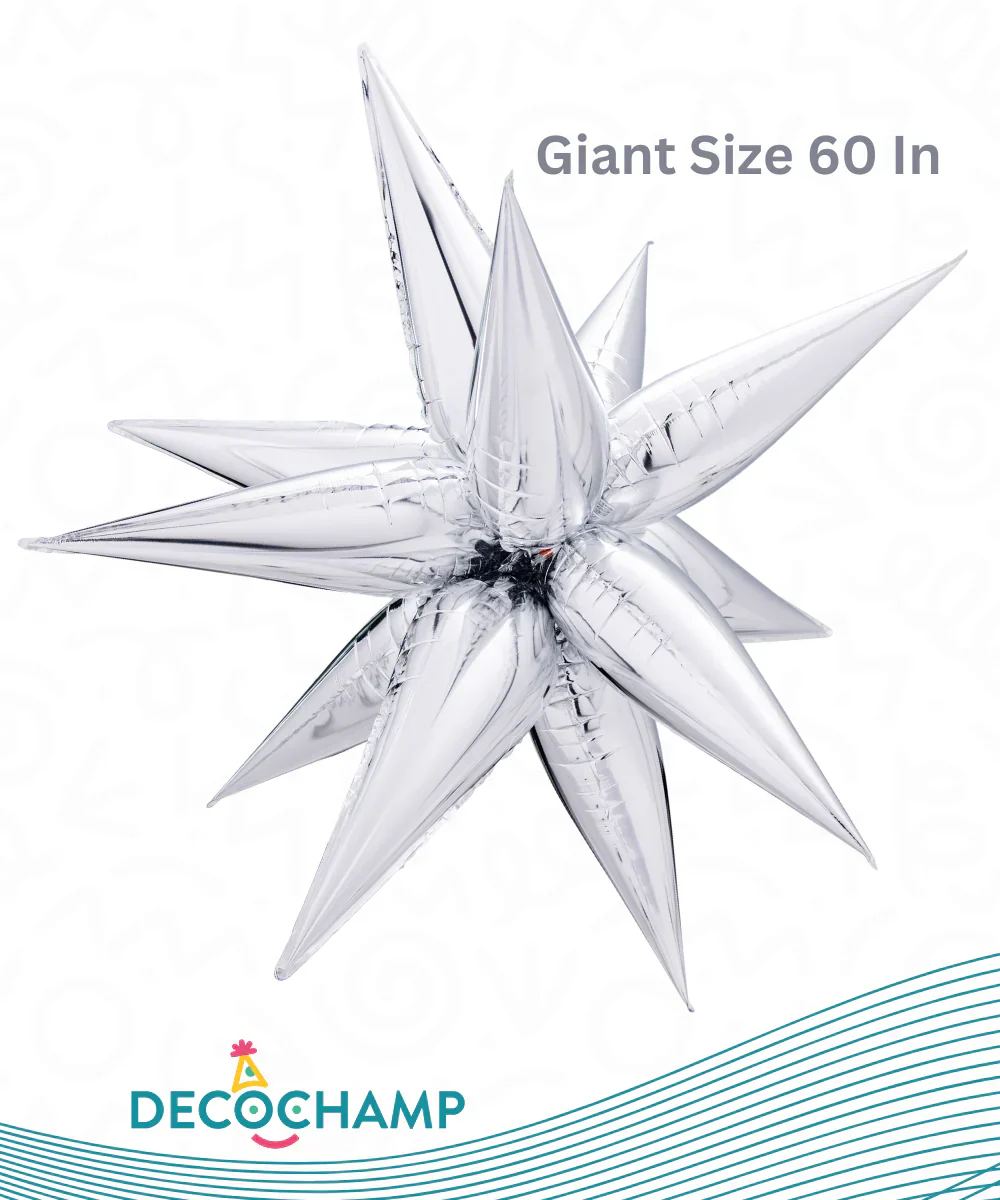 60" Airfill Decor Only Giant Decochamp Brand Starburst Silver Foil (12 Piece Kit) Balloon