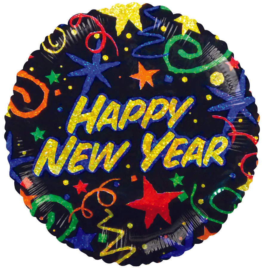 9" Airfill Only (Sticks Sold Separately) Happy New Year Black Holographic Balloon