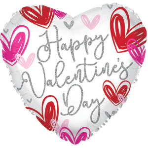 9" Airfill Only (Sticks Sold Separately) Happy Valentine's Day Hand Drawn Hearts Foil Balloon