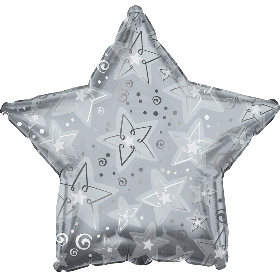 9" Airfill Only (Sticks Sold Separately) Silver Pattern Stars Foil Balloon