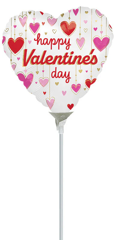 9" Airfill Only (Sticks Sold Separately) Happy Valentine's Day Satin Dangling Hearts Foil Balloon