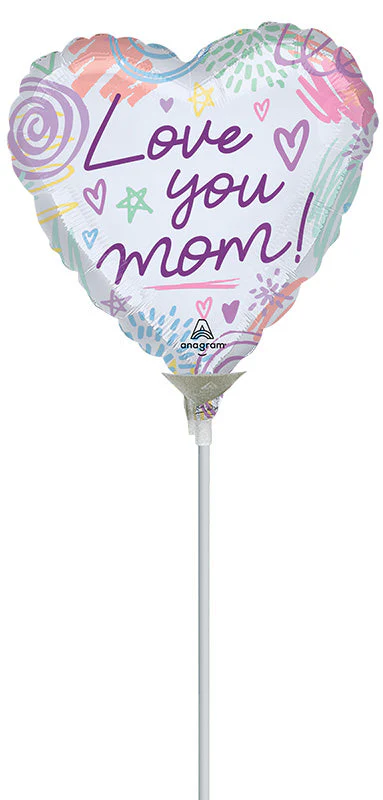 9" Airfill Only (Sticks Sold Separately) Love You Mom Sweet Scribbles Foil Balloon