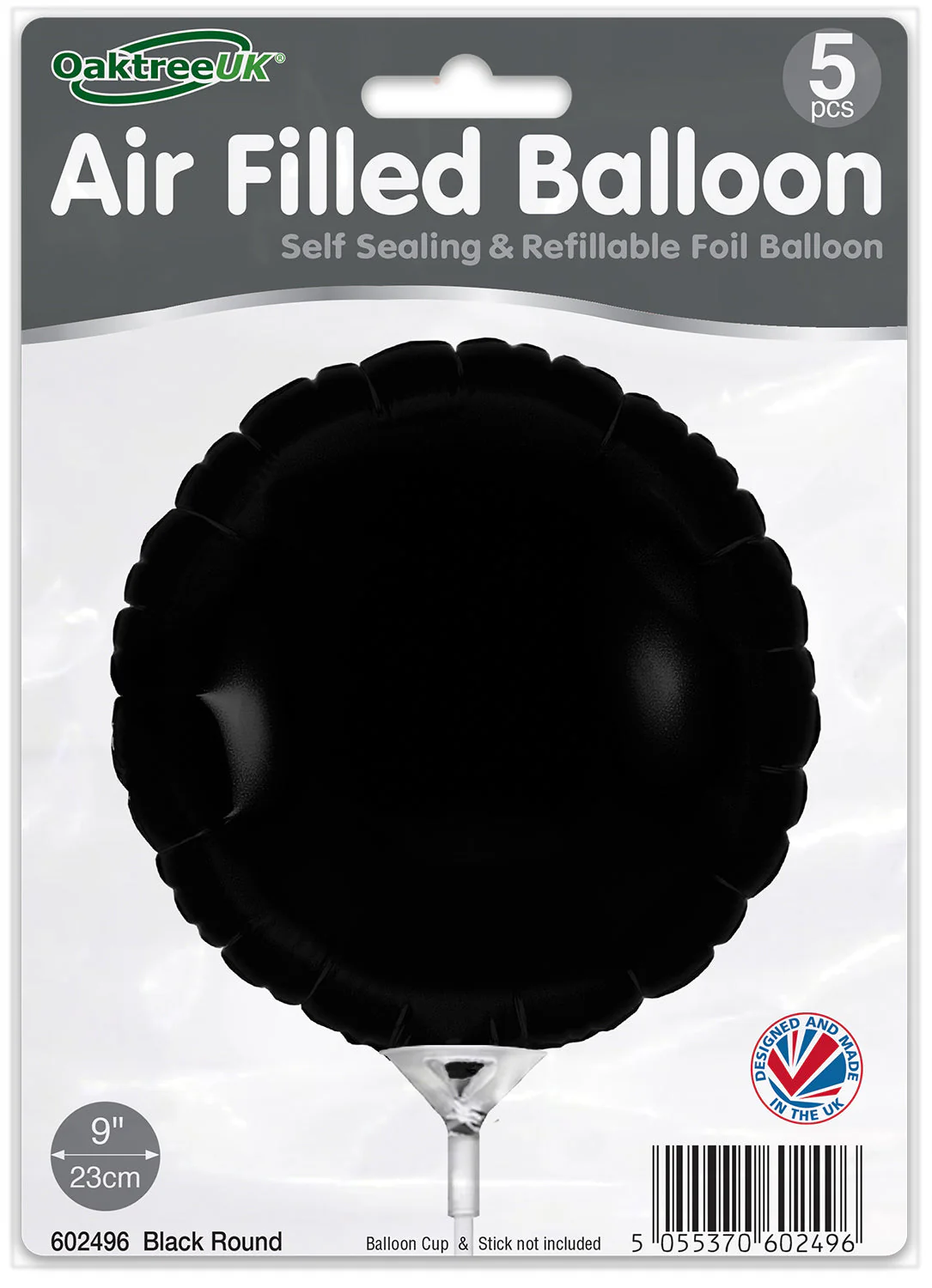 9" Airfill Only (With Self Sealing Valve) Black Round (5 Per Pack) Oaktree Brand Foil Balloon - Image 2