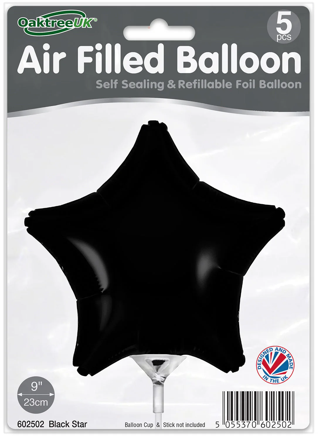 9" Airfill Only (With Self Sealing Valve) Black Star (5 Per Pack) Oaktree Brand Foil Balloon - Image 2