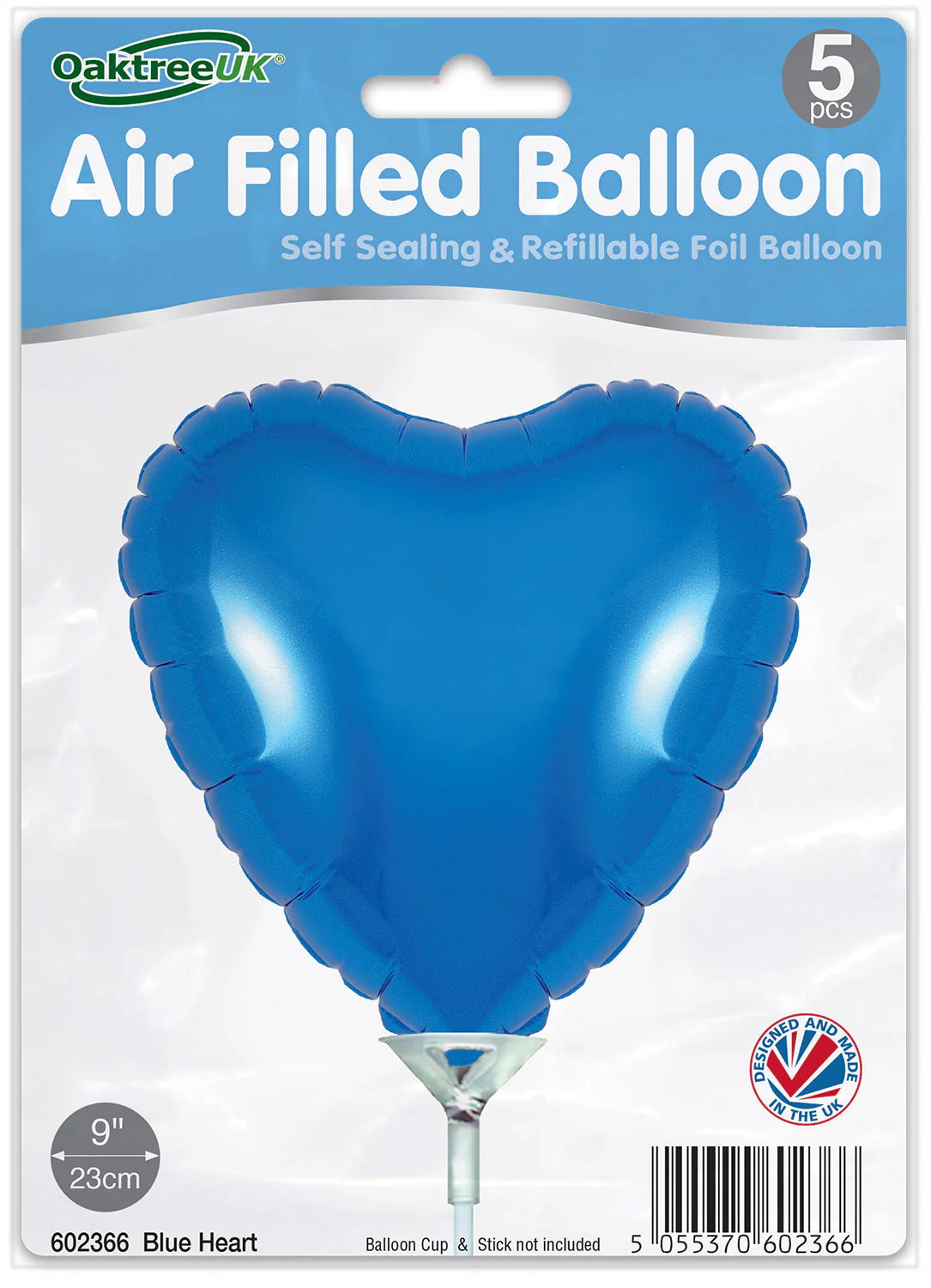9" Airfill Only (With Self Sealing Valve) Blue Heart (5 Per Pack) Oaktree Brand Foil Balloon - Image 2