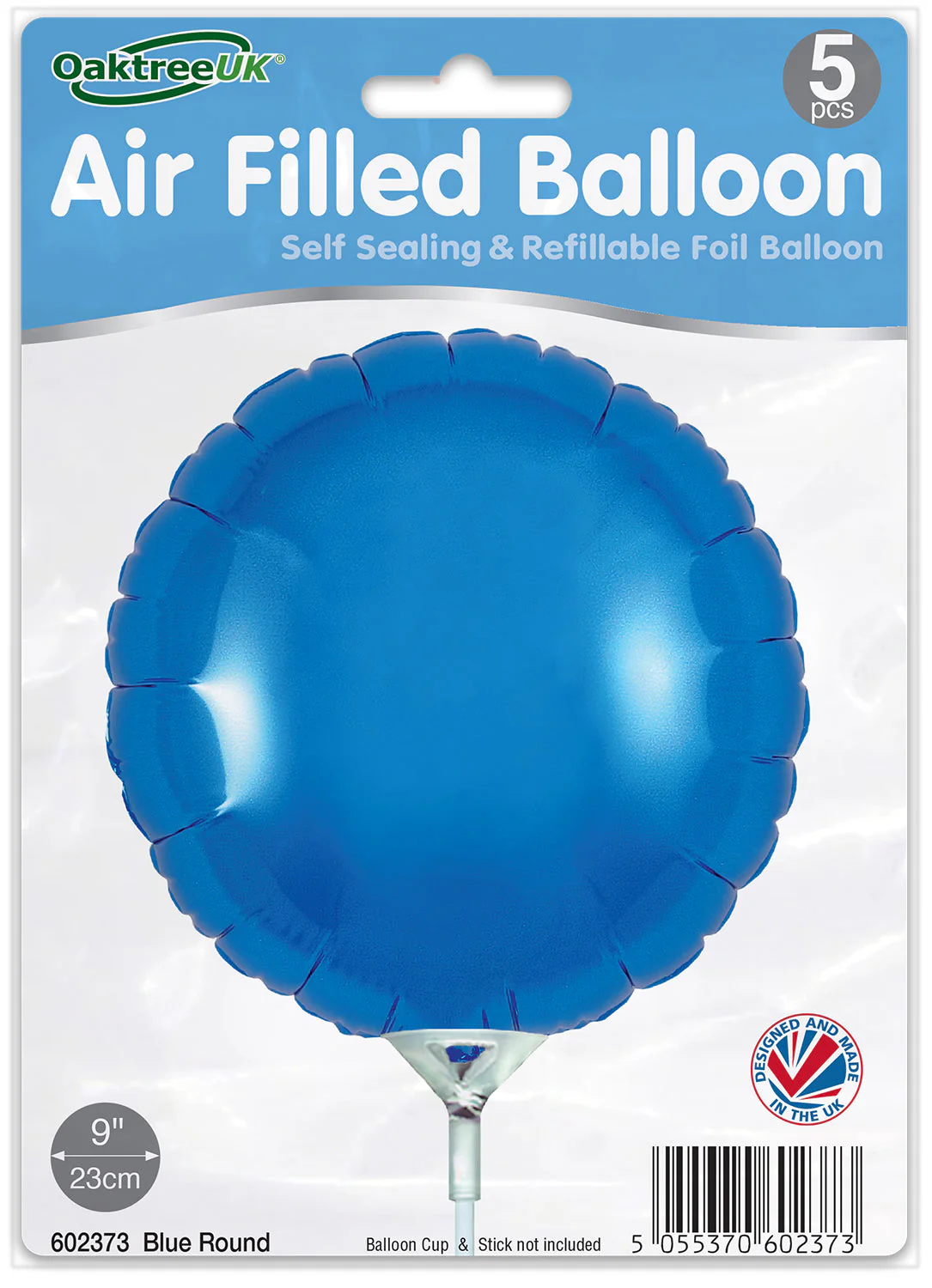 9" Airfill Only (With Self Sealing Valve) Blue Round (5 Per Pack) Oaktree Brand Foil Balloon - Image 2