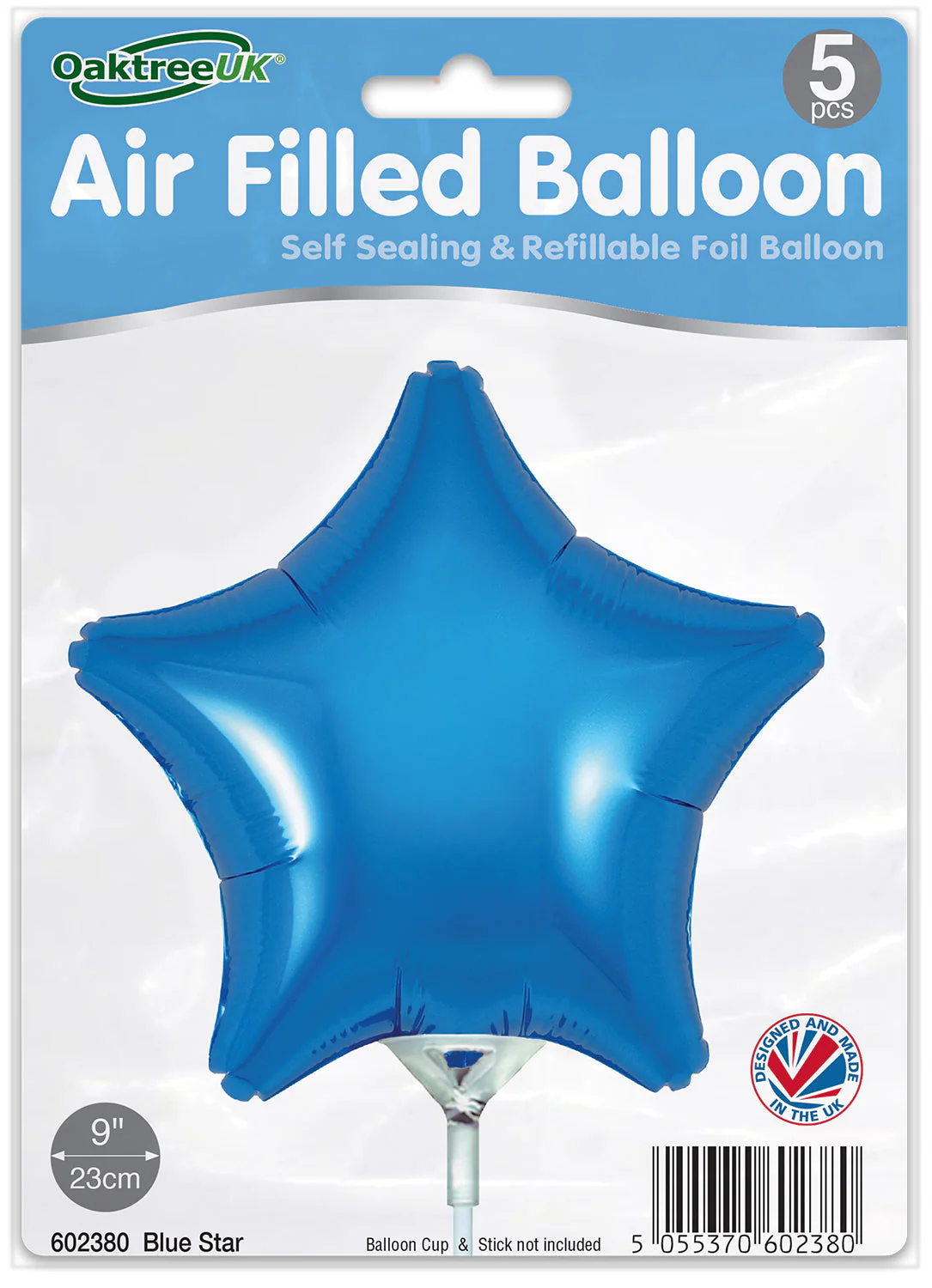 9" Airfill Only (With Self Sealing Valve) Blue Star (5 Per Pack) Oaktree Brand Foil Balloon - Image 2