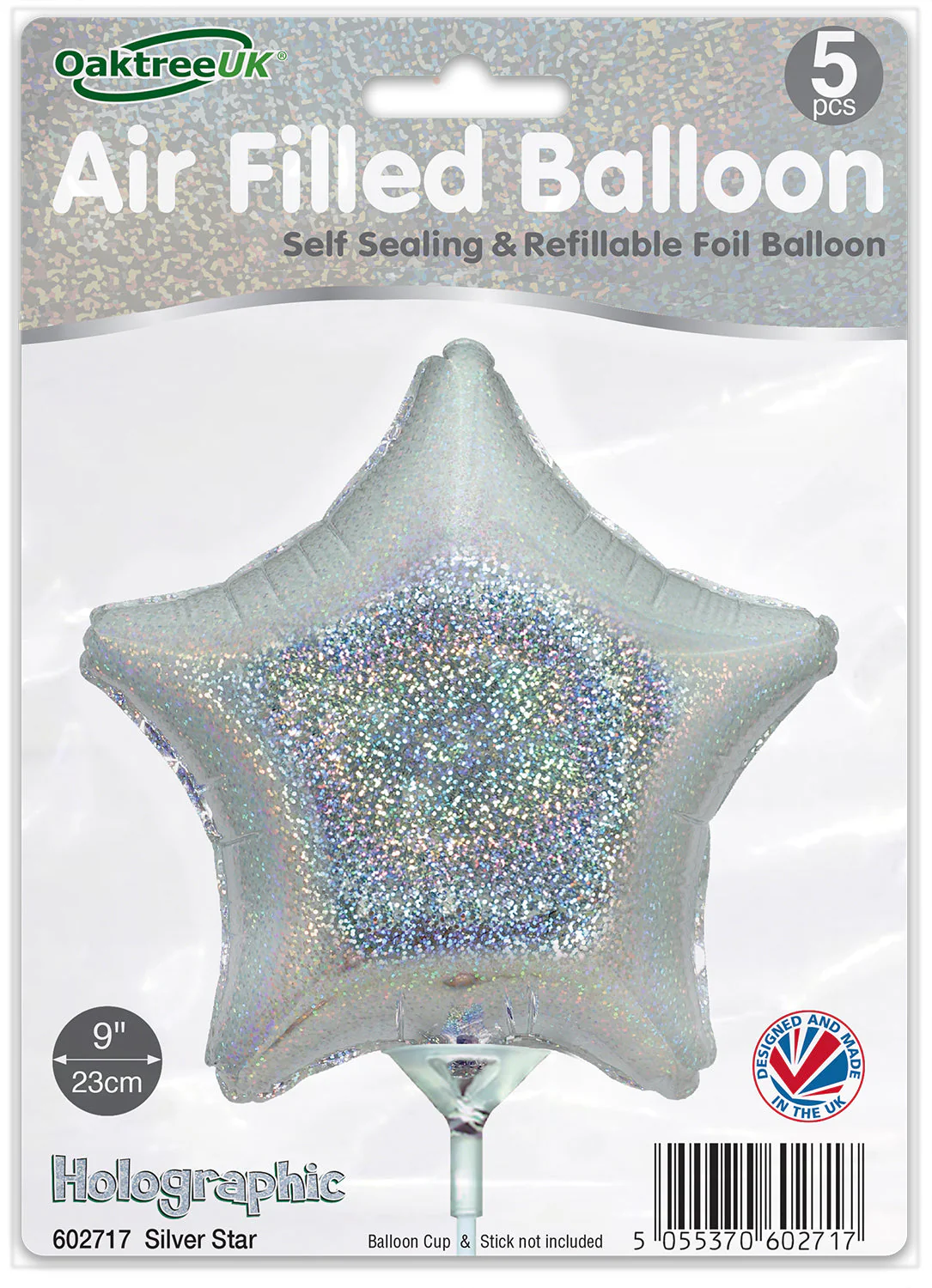 9" Airfill Only (With Self Sealing Valve) Holographic Silver Star (5 Per Pack) Oaktree Brand Foil Balloon - Image 2