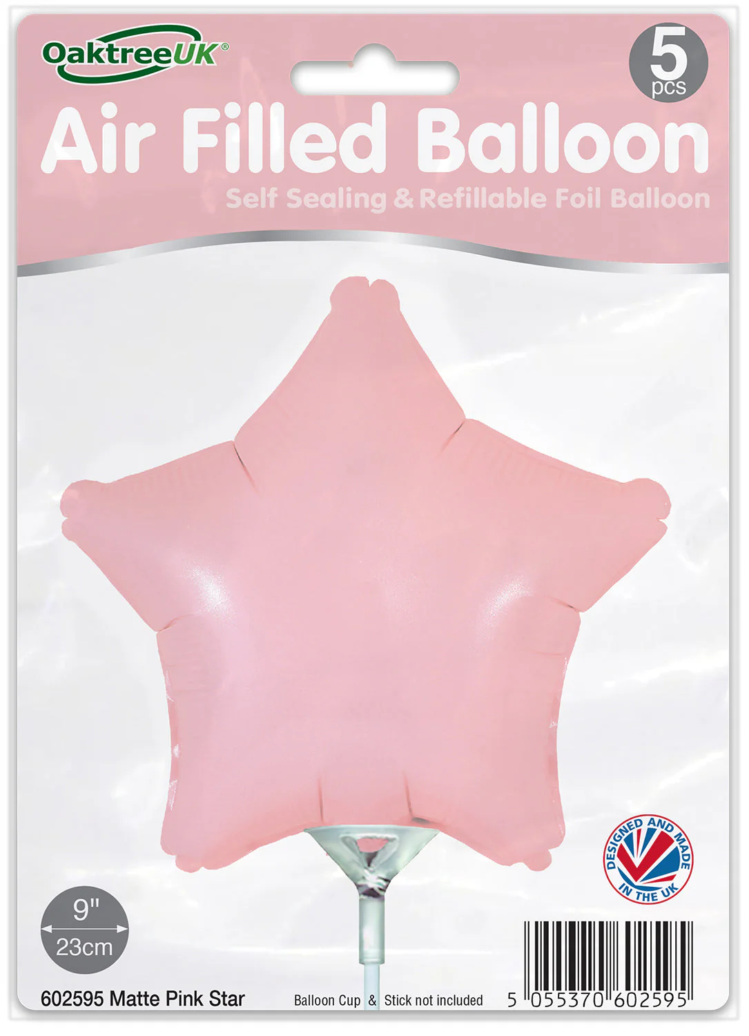 9" Airfill Only (With Self Sealing Valve) Matte Pink Star (5 Per Pack) Oaktree Brand Foil Balloon - Image 2