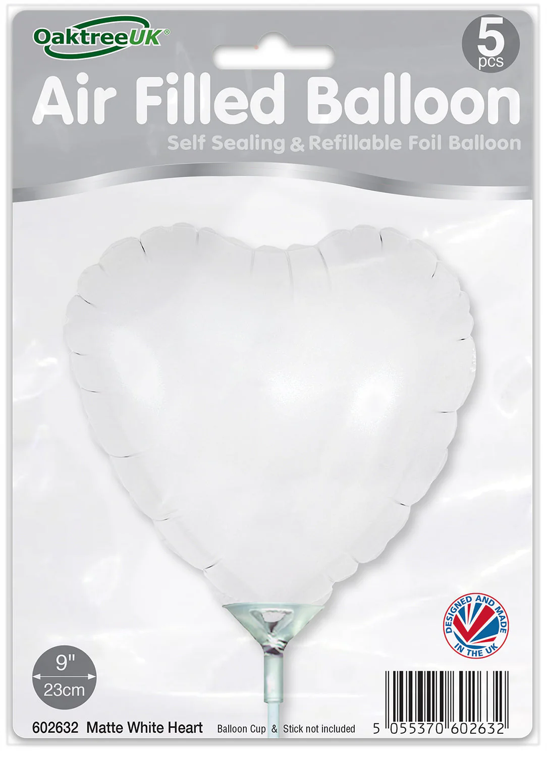 9" Airfill Only (With Self Sealing Valve) Matte White Heart (5 Per Pack) Oaktree Brand Foil Balloon - Image 2