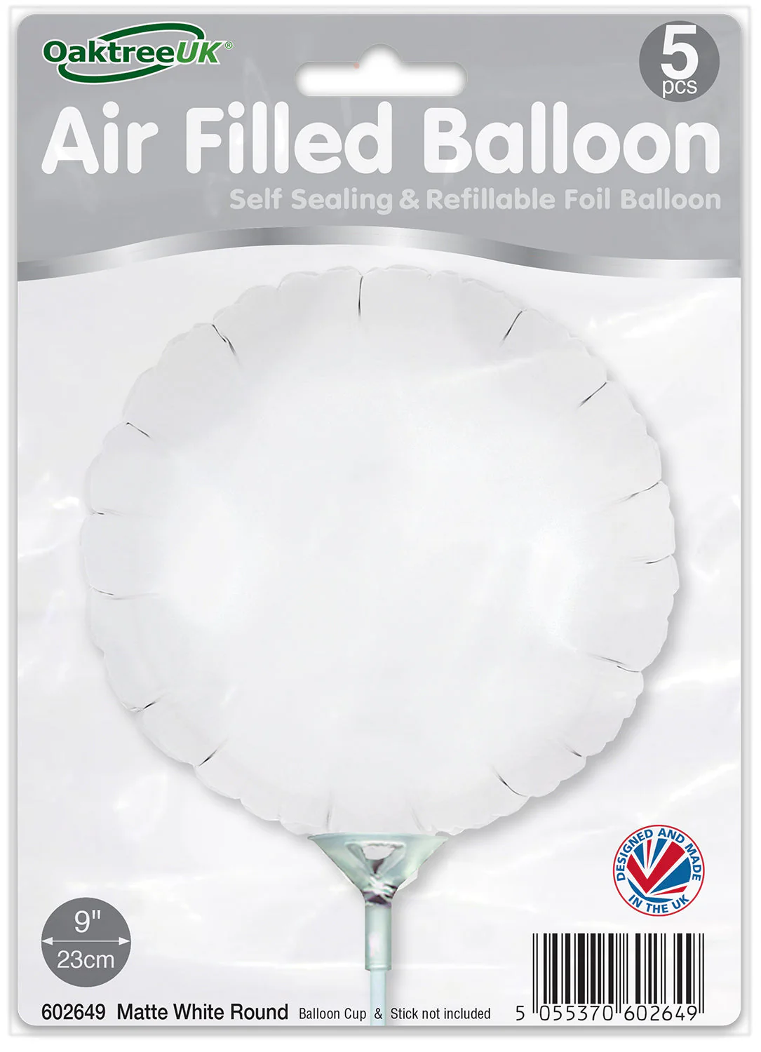 9" Airfill Only (With Self Sealing Valve) Matte White Round (5 Per Pack) Oaktree Brand Foil Balloon - Image 2