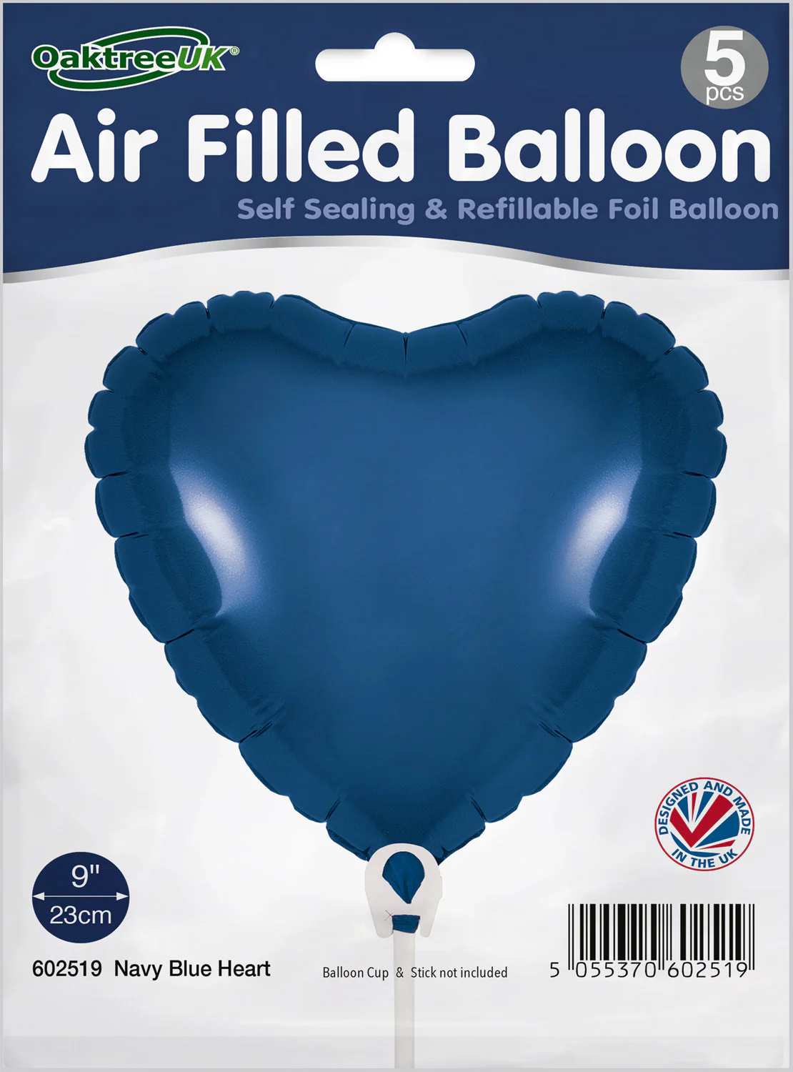 9" Airfill Only (With Self Sealing Valve) Navy Blue Heart (5 Per Pack) Oaktree Brand Foil Balloon - Image 2