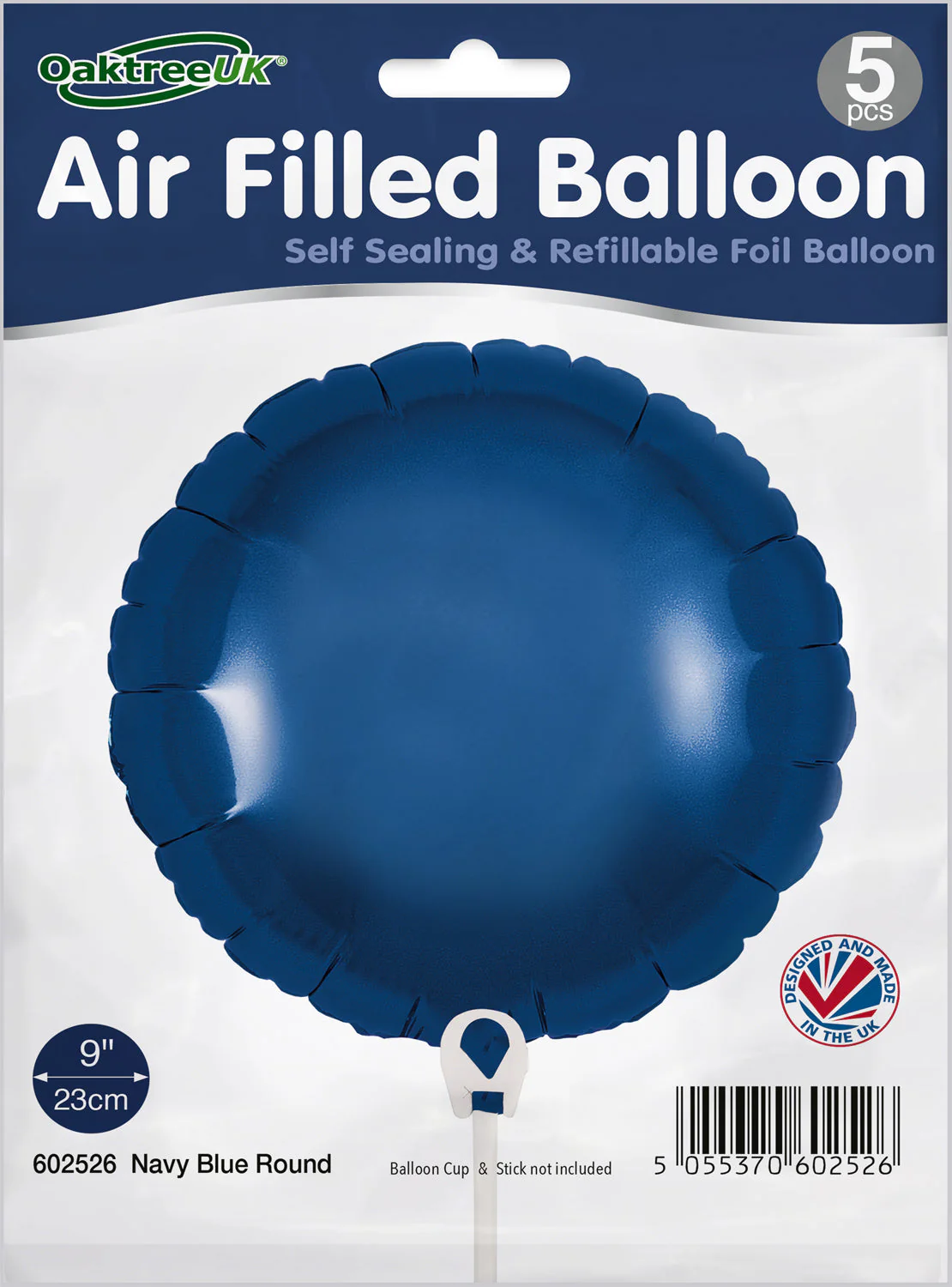 9" Airfill Only (With Self Sealing Valve) Navy Blue Round (5 Per Pack) Oaktree Brand Foil Balloon - Image 2