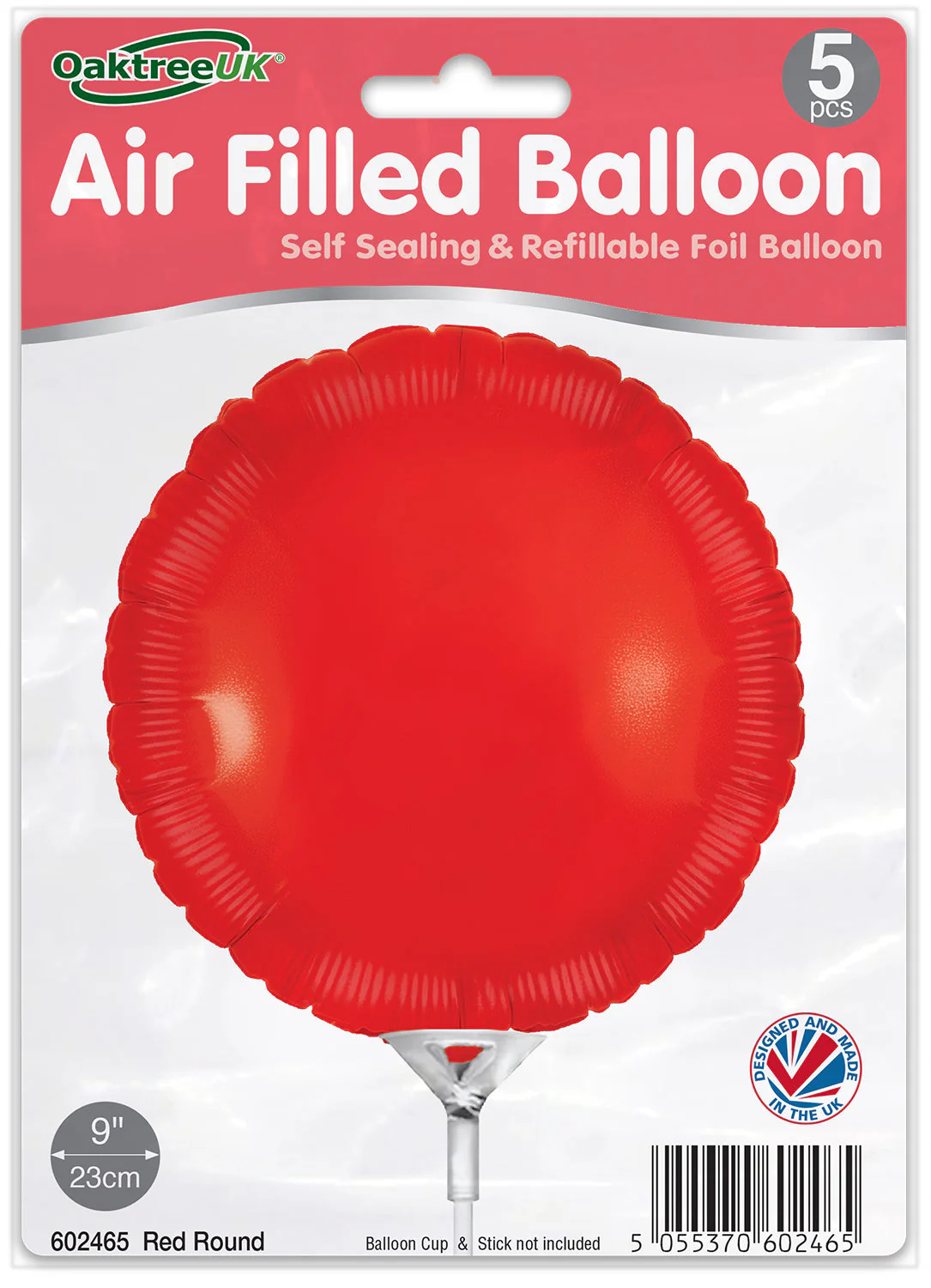 9" Airfill Only (With Self Sealing Valve) Red Round (5 Per Pack) Oaktree Brand Foil Balloon - Image 2