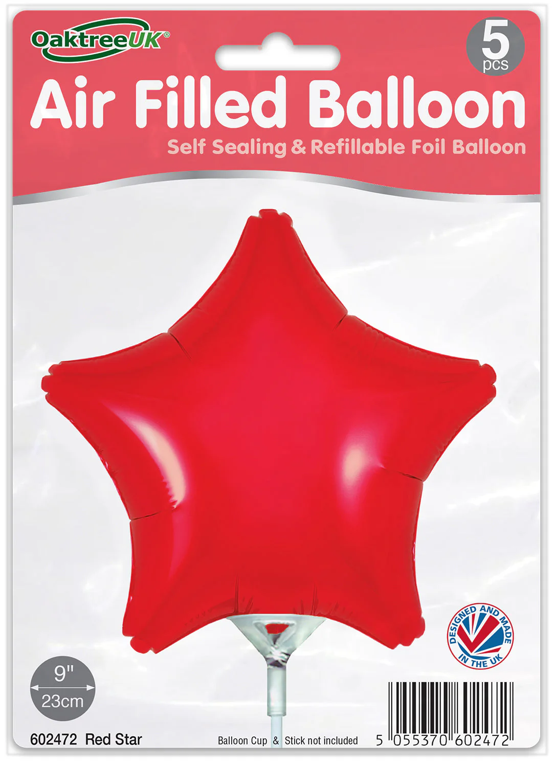 9" Airfill Only (With Self Sealing Valve) Red Star (5 Per Pack) Oaktree Brand Foil Balloon - Image 2